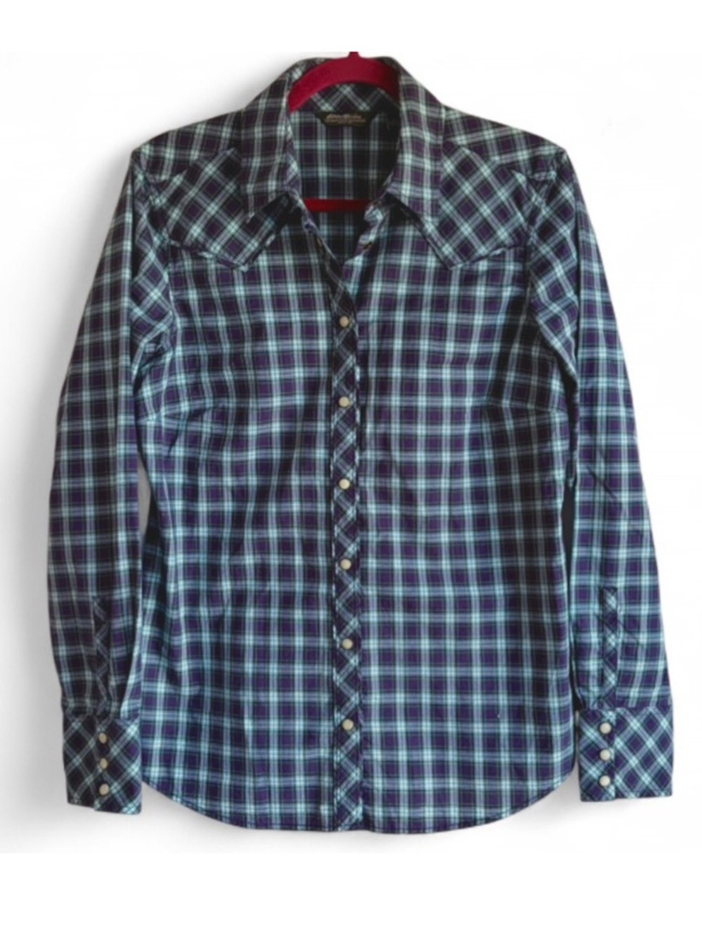 Eddie Bauer Women's Snap Front Western Blue Plaid Cotton Shirt Size M